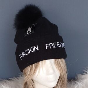 Funky Black Beanie with Fox Pom Pom